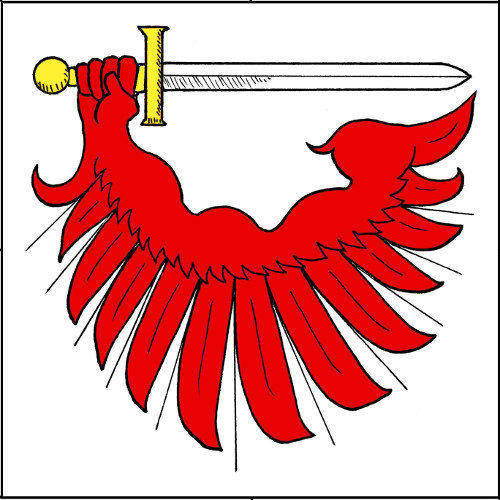 (Fieldless) A wing terminating in a hand gules sustaining a sword fesswise reversed proper